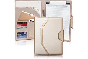 DONBAO Leather Padfolio Portfolio Binder, Luxury Business Document Organizer, Interview Legal Storage Padfolio with Card Holder (Gold)