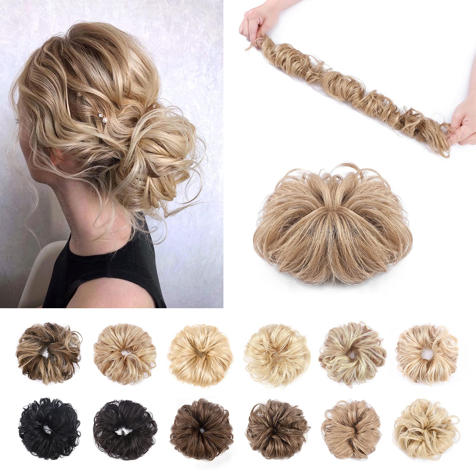 Silk-co Messy Hair Remy Silky Soft Scrunchies Wrap Bun Extensions Real Human Hair Curly Wavy Pieces For Women Updo Ponytail #27 Dark Blonde