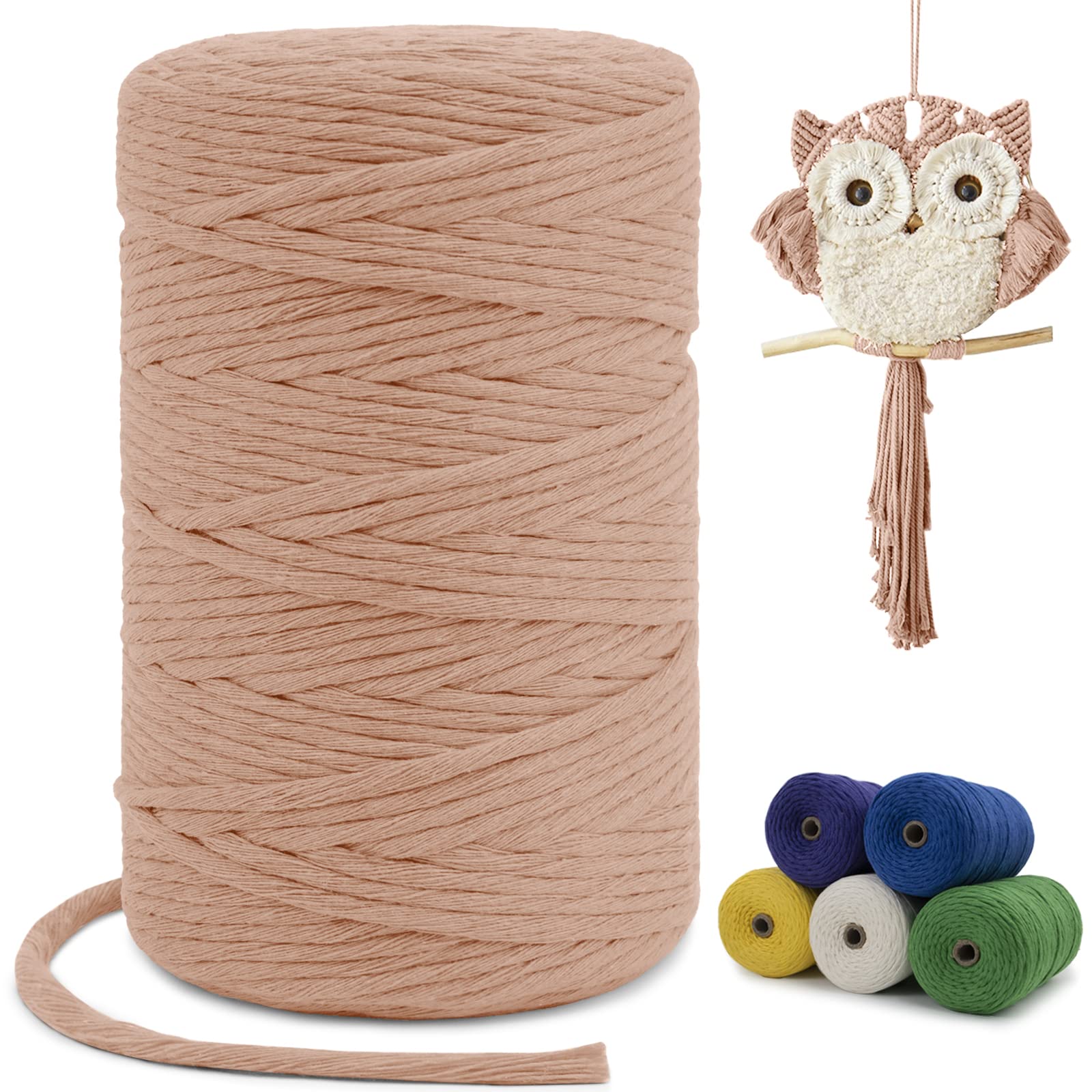 LEREATI Macrame Cord 3mm x 200m, Single Strand Thick Macrame Rope Yarn Natural Cotton Cord, Craft Macrame String for Plant Hanger, Wall Hanging, Knitting, DIY, Home Decorations (Apricot)