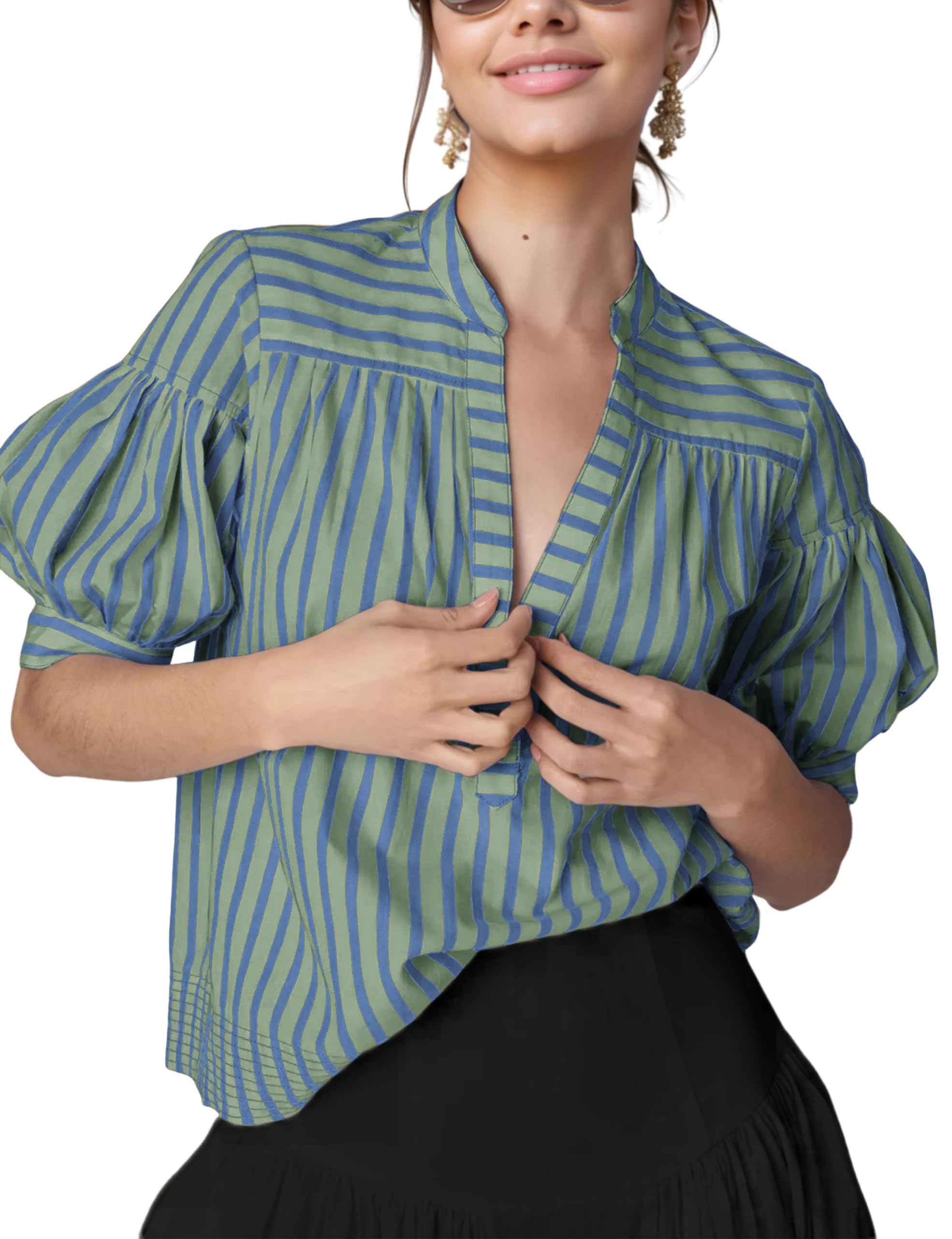 Photo 1 of Freyhem Womens Summer Pleated V Neck T Shirts Short Sleeve Casual Loose Blouses Striped Tunics Swing Top(Blue-Large-New1)