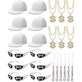 Yahenda 24 Pcs Hip Hop Costume Kit 2000s 80s 90s Rapper Accessories Costume for Men Women Rapper Sunglass Hats Chain and Pens