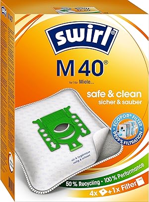 Swirl M 40 EcoPor Staubsaugerbeutel (4 Beutel), reißfeste Staubbeutel für einige Miele & Hoover Staubsauger, 99,9% Filterung von Hausstaub & allergenem Feinstaub