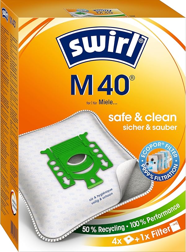 Swirl M 40 EcoPor Staubsaugerbeutel (4 Beutel), reißfeste Staubbeutel für einige Miele & Hoover Staubsauger, 99,9% Filterung von Hausstaub & allergenem Feinstaub