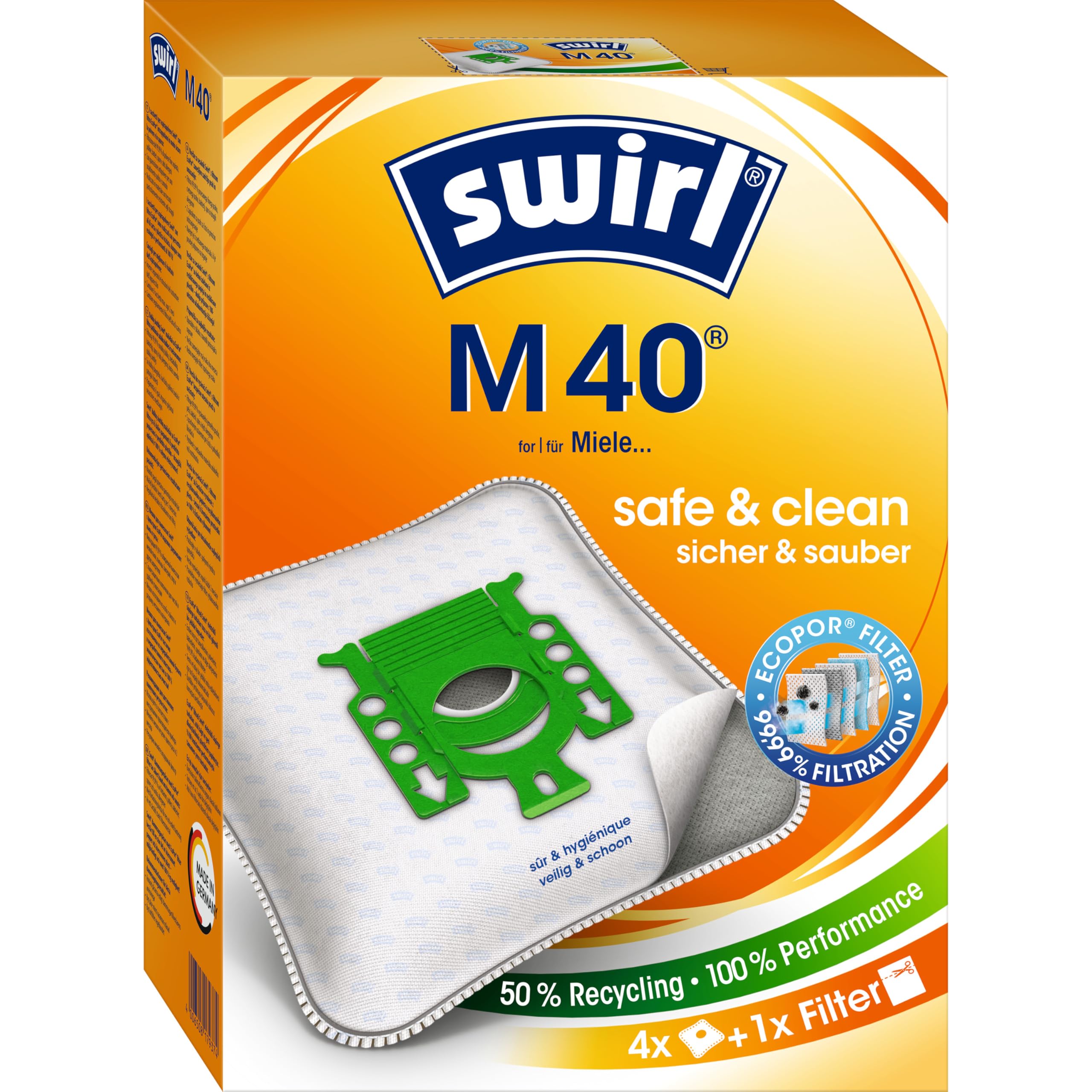 Swirl M 40 high performance, longer lasting Vacuum Cleaner Bags, For Miele Vacuum Cleaners, Pack of 4 Bags + 1 Anti-Allergen Filter Orange/White