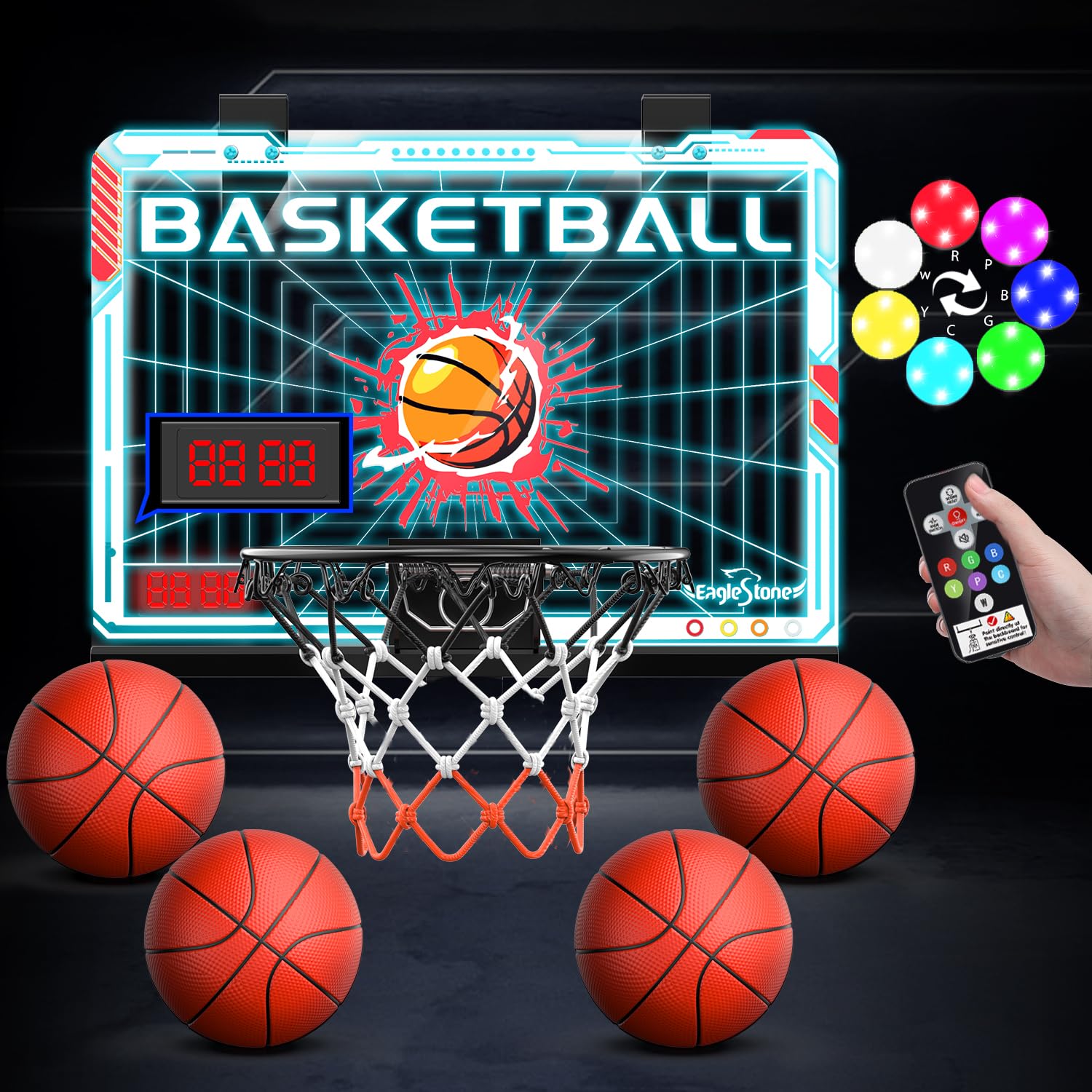 Photo 1 of EagleStone Indoor Basketball Hoop for Kids Ages 8-12, Mini Basketball Set with LED Electronic Scoreboard, Remote Control, Wall-Mounted Hoop Toy Gift for Boys Girls