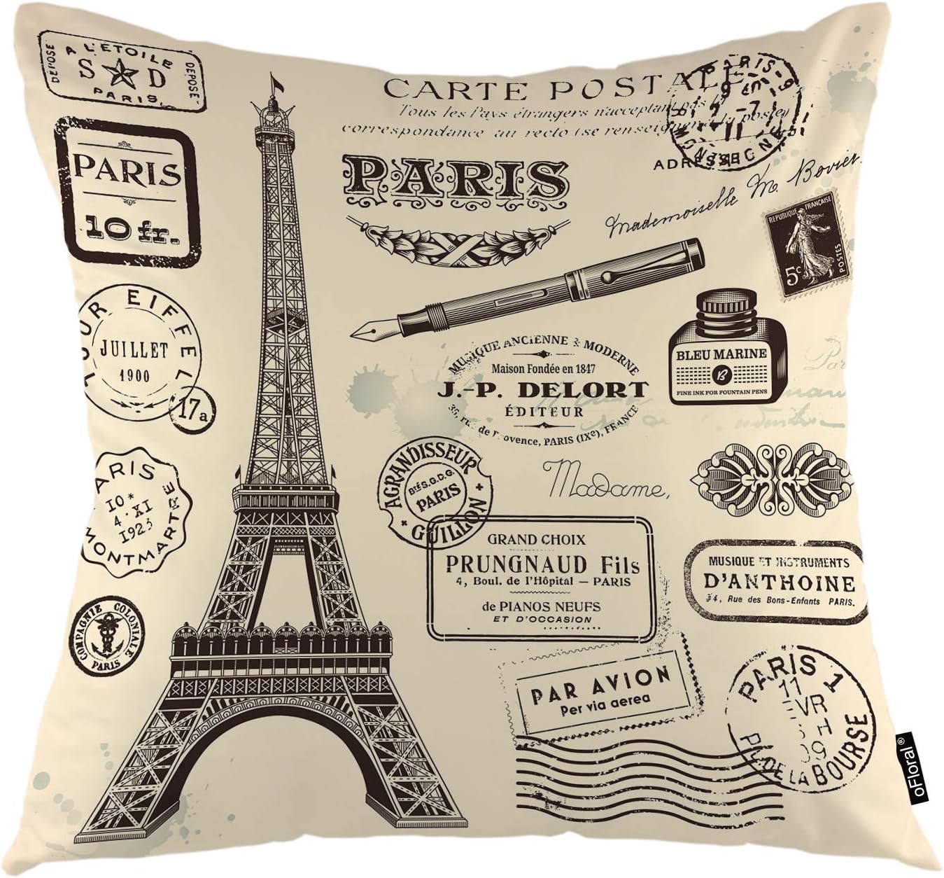 oFloral Eiffel Tower Throw Pillow Covers Romantic Retro Pencil France Paris Travel Destination Decorative Square Pillow Case 18"X18" Pillowcase Home Decor for for Sofa Bedroom Livingroom