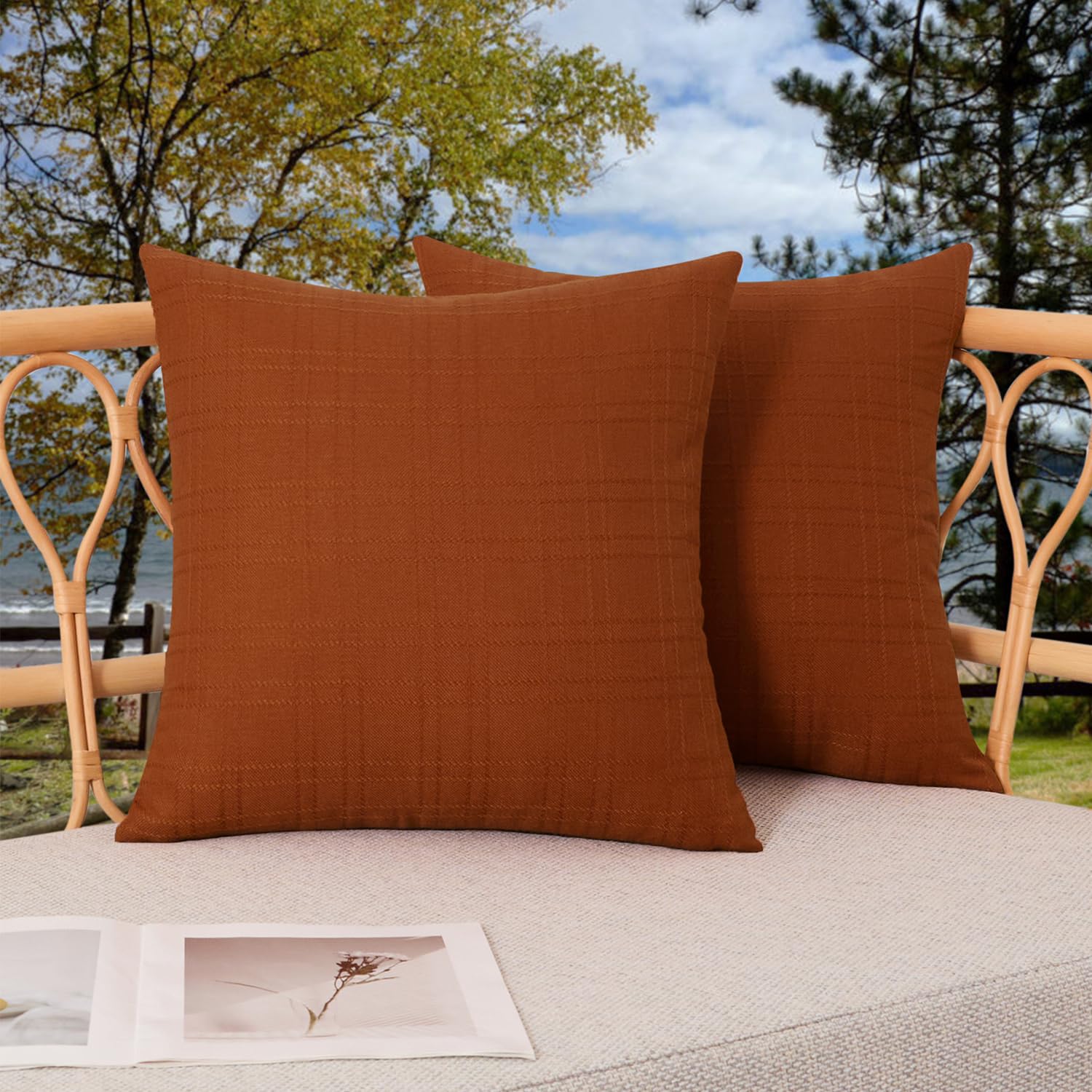 Photo 1 of Kevin Textile Pack of 2 Outdoor Waterproof Pillow Covers Checkered Decorative Cushions Sham Throw Pillowcases Shell for Patio Tent Garden Couch Bed Sofa 20x20 Inch Burnt Orange