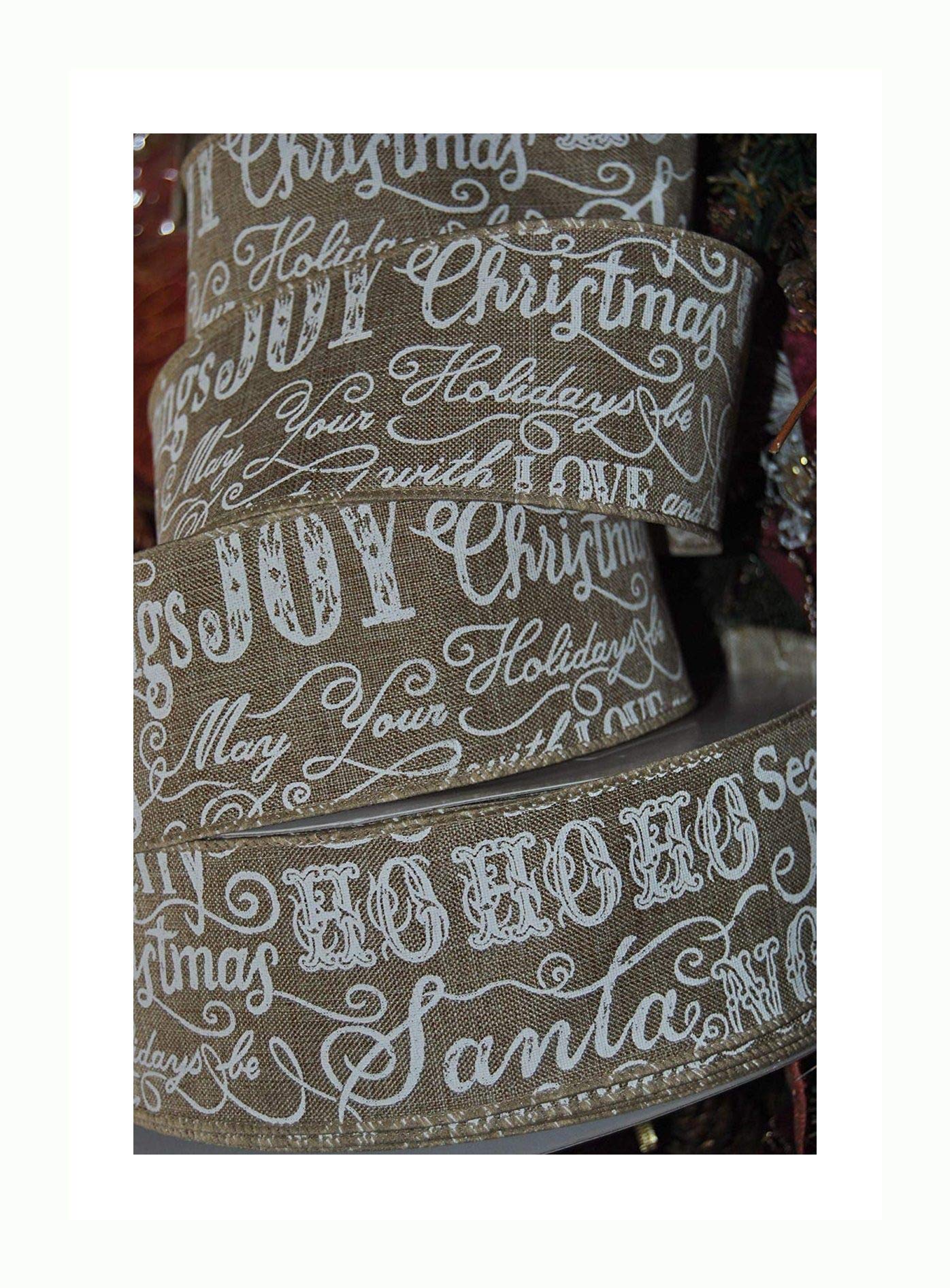 Professional Quality Wired Wire Edge Christmas Ribbon 2.5" Wreath Tree Tinsel Bow UK Stockist Over 30 Designs (Natural Burlap Vintage Script, 5m)