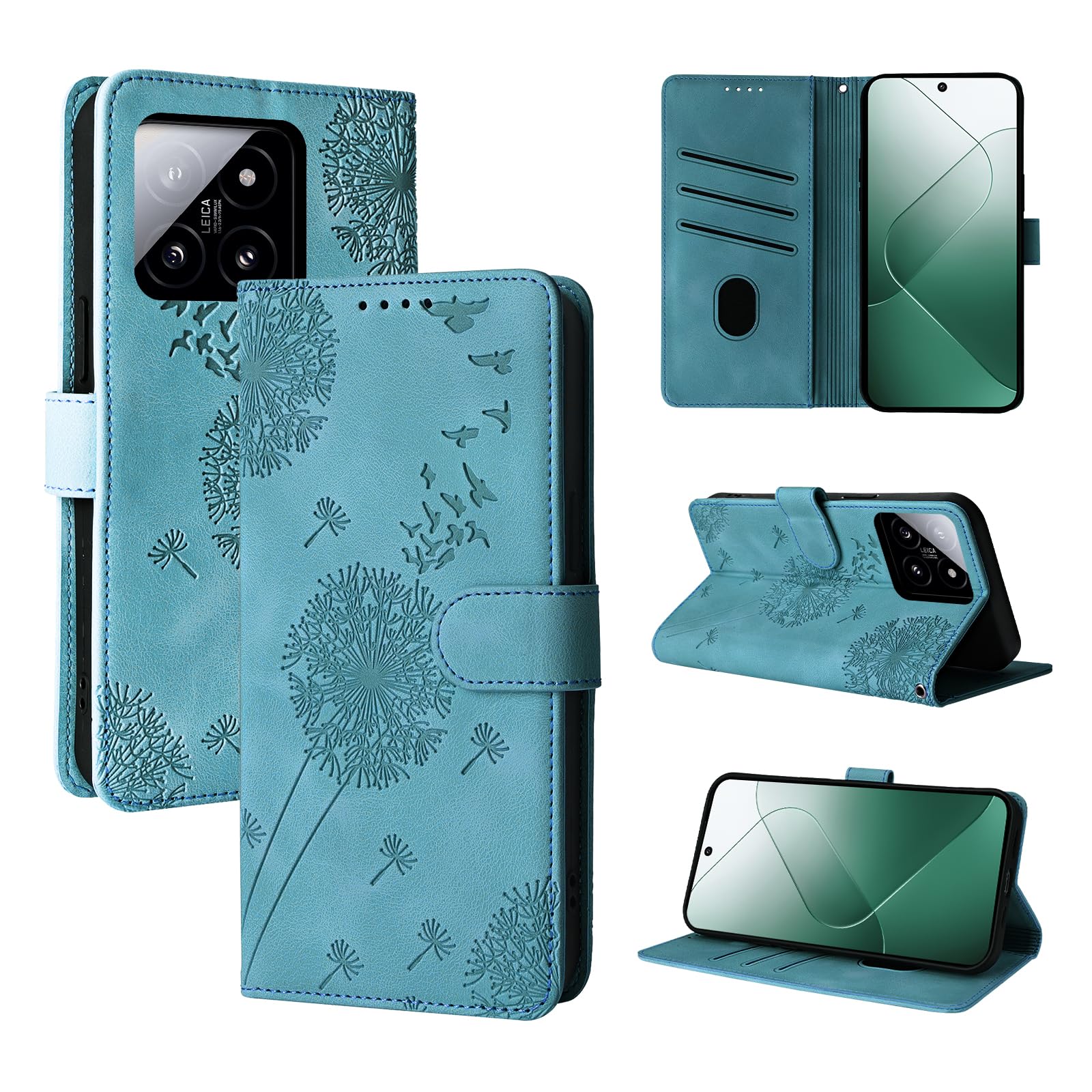 Rostsant Case for xiaomi 14 5G Dandelion Cover Premium PU Leather Flip Phone Case Wallet Card Slots Protective Cover for xiaomi 14 5G Blue