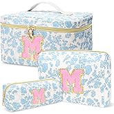 3 PCS Travel Makeup Bag Set, A–Z Initials Cotton Quilted Cosmetic Bag for Women & Preppy, Personalized Toiletry Bag Travel Accessories Makeup Brushes Organizer, Valentine’s Day & Birthday Gift for Her