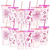 Potchen 12 Pcs Western Pink Cowgirl Plastic Cups 24 oz Reusable Glitter Tumbler with Lids and Straws Disco Drinking Juice Cups for Western Party Favors Wedding Birthday Bachelorette Party Supplies