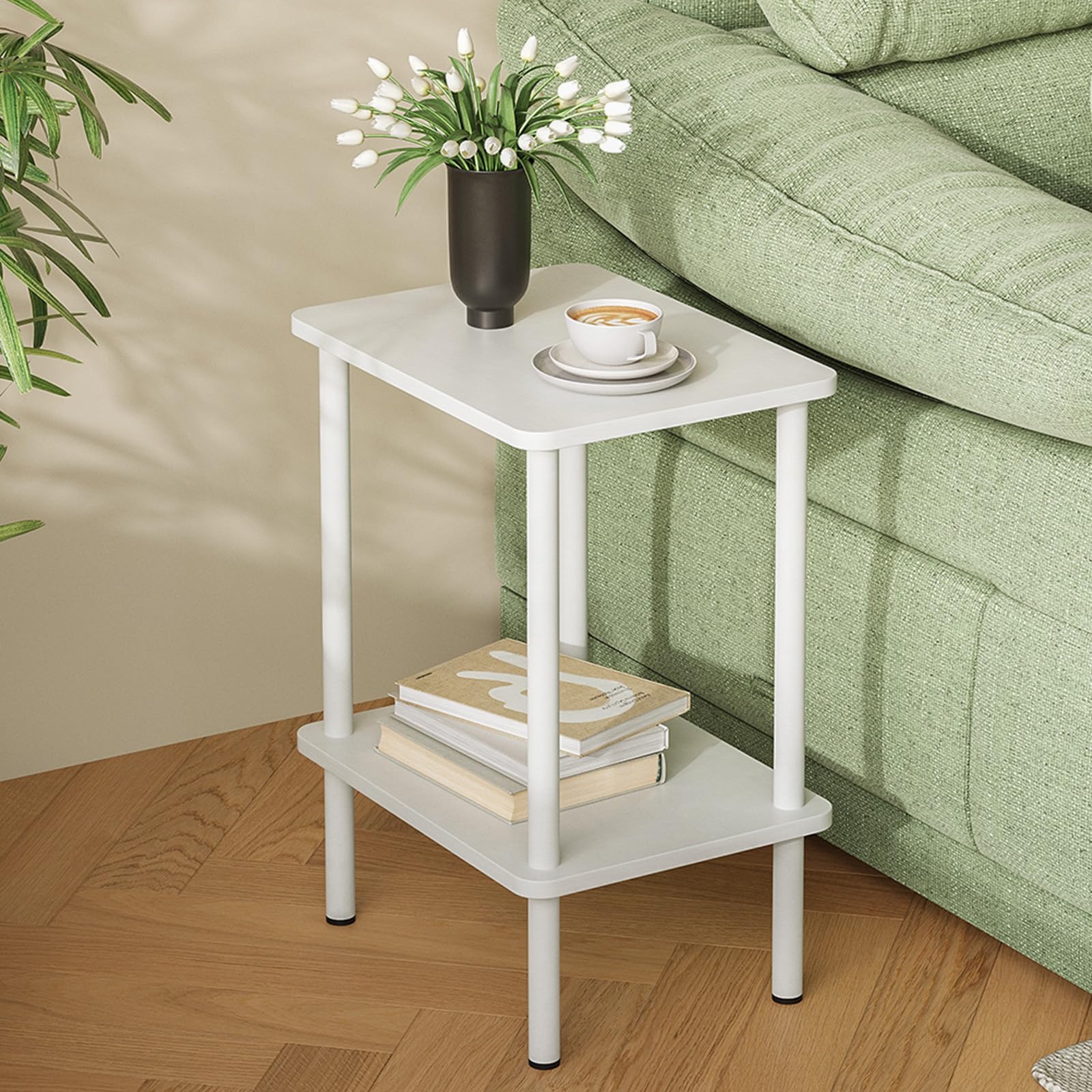 APICIZON 2 Tier Side Table, Narrow End Table with Storage Shelf, Bedside Table Nightstand for Small Spaces, Bedroom, Living Room, Entryway, Farmhouse, No-Tool Assembly, White
