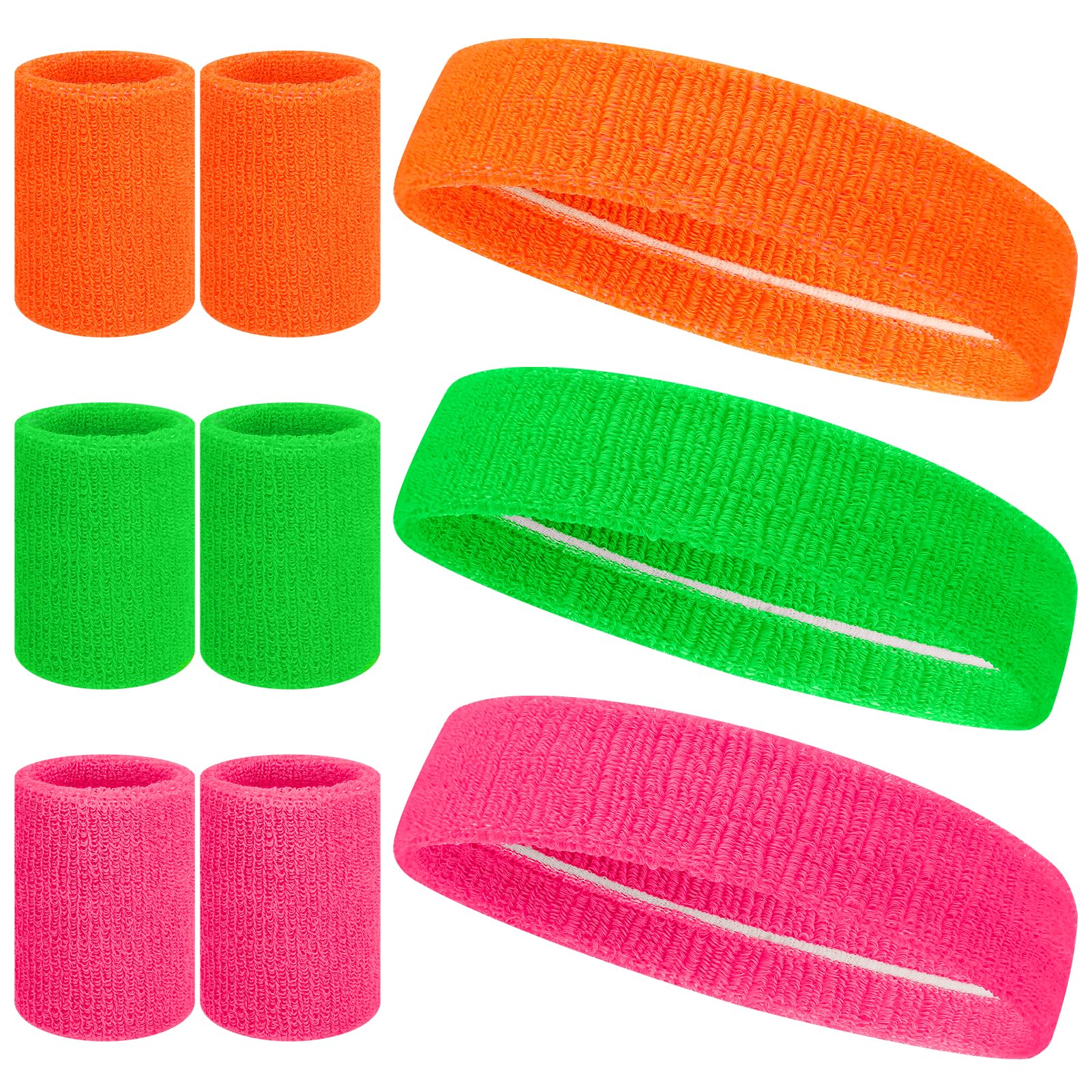 Meng Jiaran 9Pcs Sports Headband and Wristbands Set 80s Neon Sweat Bands Absorbent Sweatbands Cotton Head Band Wrist Bands Set for Running Exercise Gym Sports Tennis Basketball