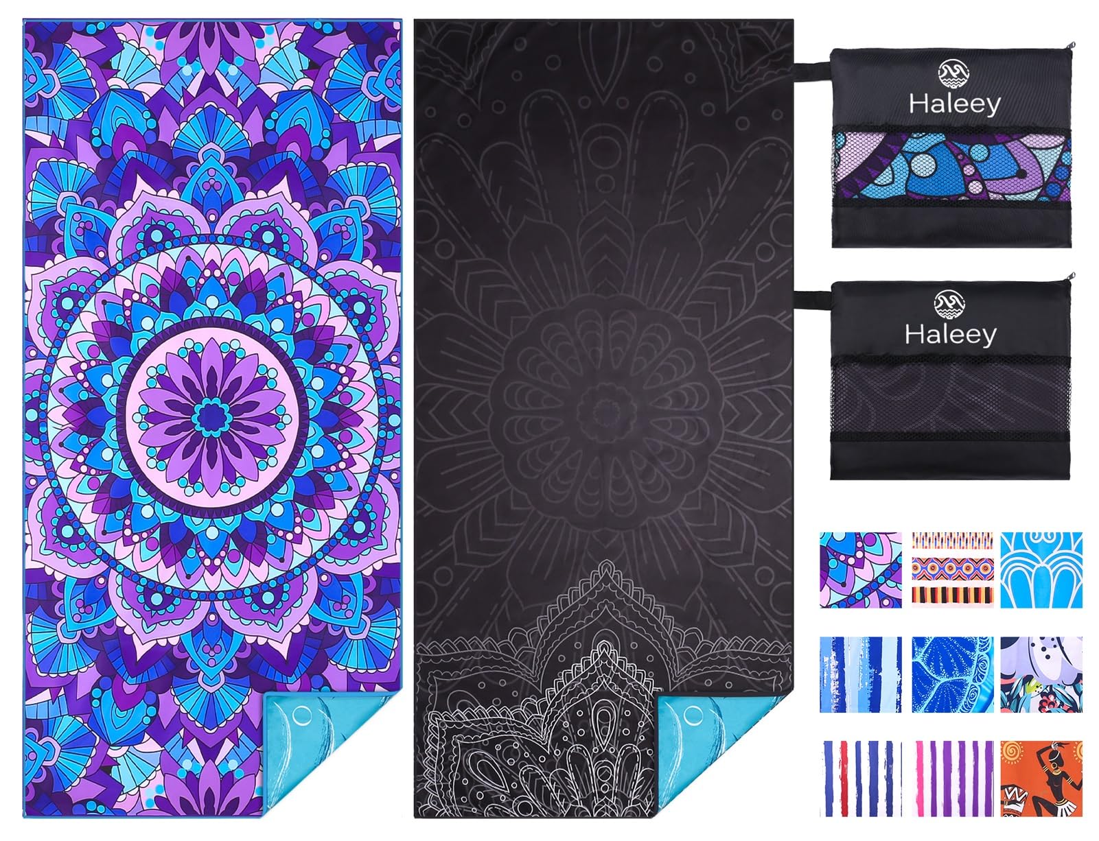 Haleey 2 Pack Microfibre Lightweight Beach Towel 180x80cm Oversized Extra Large Thin Sand Free Towels Travel Swim Pool Yoga Gym Camping for Adults Women Men Beach Essentials Accessories Vacation Gift