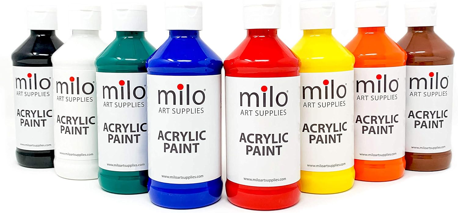 milo Acrylic Paint Set of 8 Colors | 8 oz Bottles | Student Primary Colors Acrylics Painting Pack | Made in the USA | Non-Toxic Art & Craft Paints for Artists, Kids, & Hobby Painters: Home Improvement