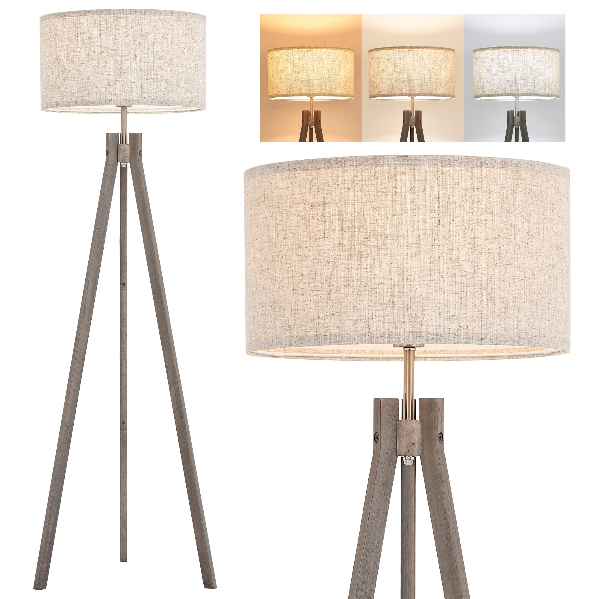 Photo 1 of ELYONA Farmhouse Wood Tripod Floor Lamp, Modern Reading Standing Lamp with 3 Color Temperatures LED Blub & Nature Linen Shade, Night Light for Living Room, Bedroom, Study Room, Office, Grey