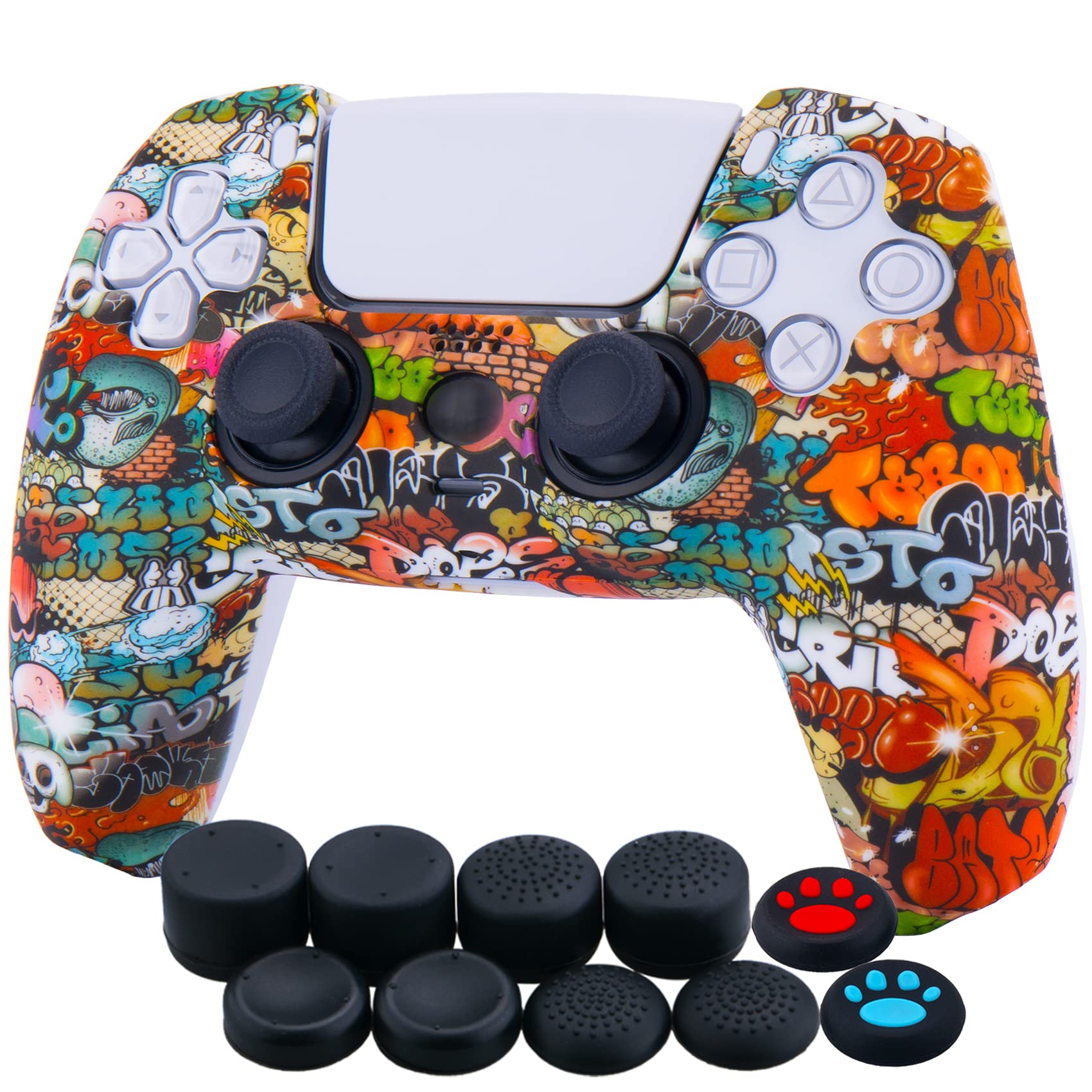 YoRHa Water Transfer Printing Silicone Thickened Cover Skin Case for PlayStation 5 PS5 Controller x 1(Skull Graffiti) with Thumb Grips x 10