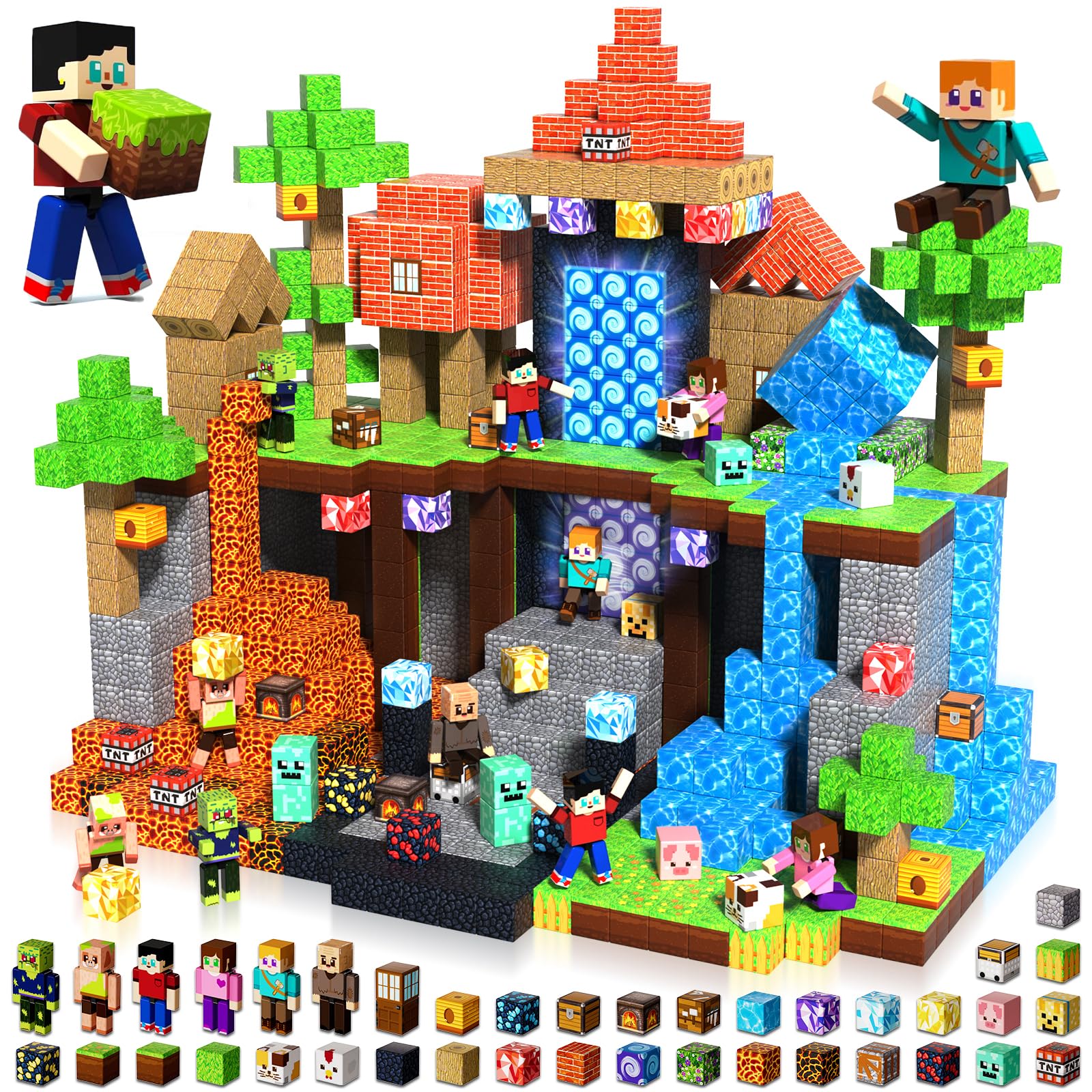 Magnetic Blocks with 6 Magnetic Action Figures - 210PCS Magnets Building Blocks Cubes, Stacking Tiles STEM Montessori Sensory Toys for Kids Boys Girls Ages 3 4 5 6 7 8 9 10 Birthday Gifts