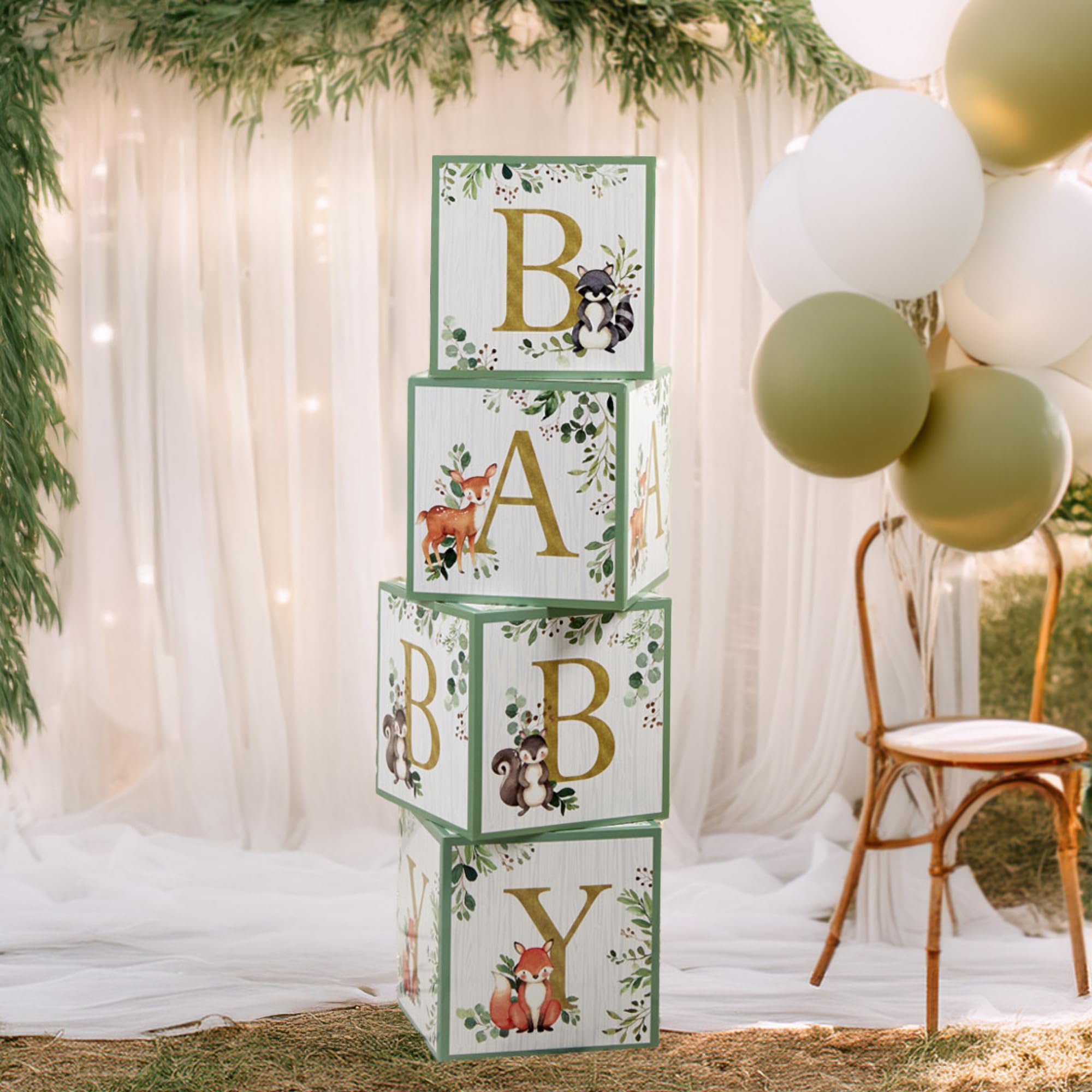 Photo 1 of Kate Aspen Woodland Baby Boxes With Letters For Baby Shower Decorations, Gender Reveal Decoration, Photo Prop & Forest Animal Nursery Decor (Set of 4 Stackable Blocks Spells B-A-B-Y)