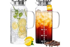 2-Pack 68oz Glass Pitcher with Lid and Handle – Borosilicate Glass Carafe for Hot/Cold Drinks, 2 Liters High-Temperature Resi