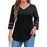 IN'VOLAND Womens Plus Size Tops 3/4 Length Sleeve Shirts Dressy Casual V Neck T Shirts Loose Summer Business Work Blouses