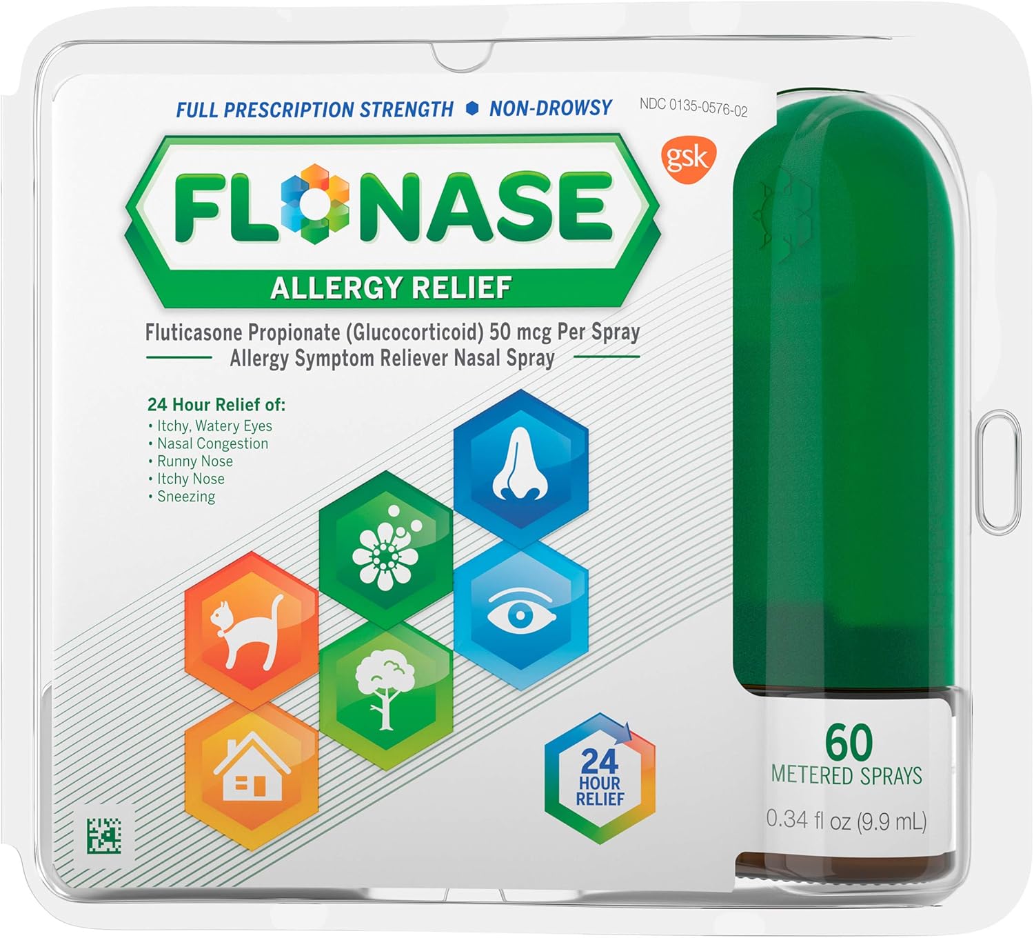 Flonase Allergy Relief Nasal Spray, 24 Hour Non Drowsy Allergy Medicine, Metered Nasal Spray - 60 Sprays: Health & Personal Care