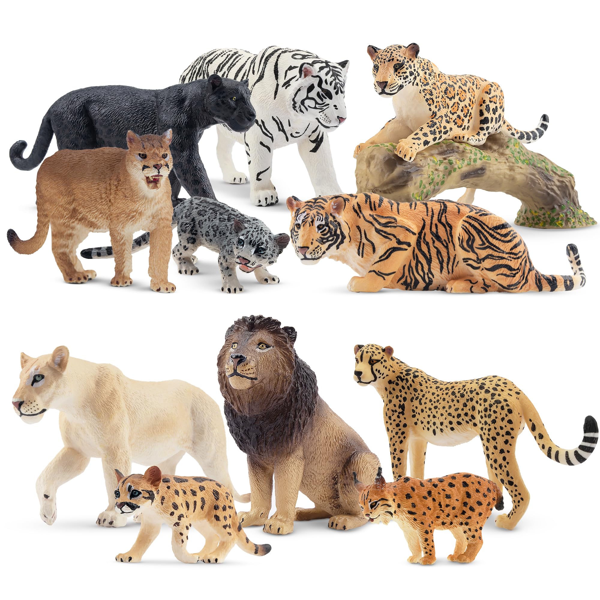 TOYMANY 12 Stück Großkatzen Dschungel Tiere-Figuren und Baumstamm Set,Realistische Löwen Tiger Geparden und Leopardfiguren, Plastiktiere Zoo Dschungel Wald Tierfiguren für Kinder