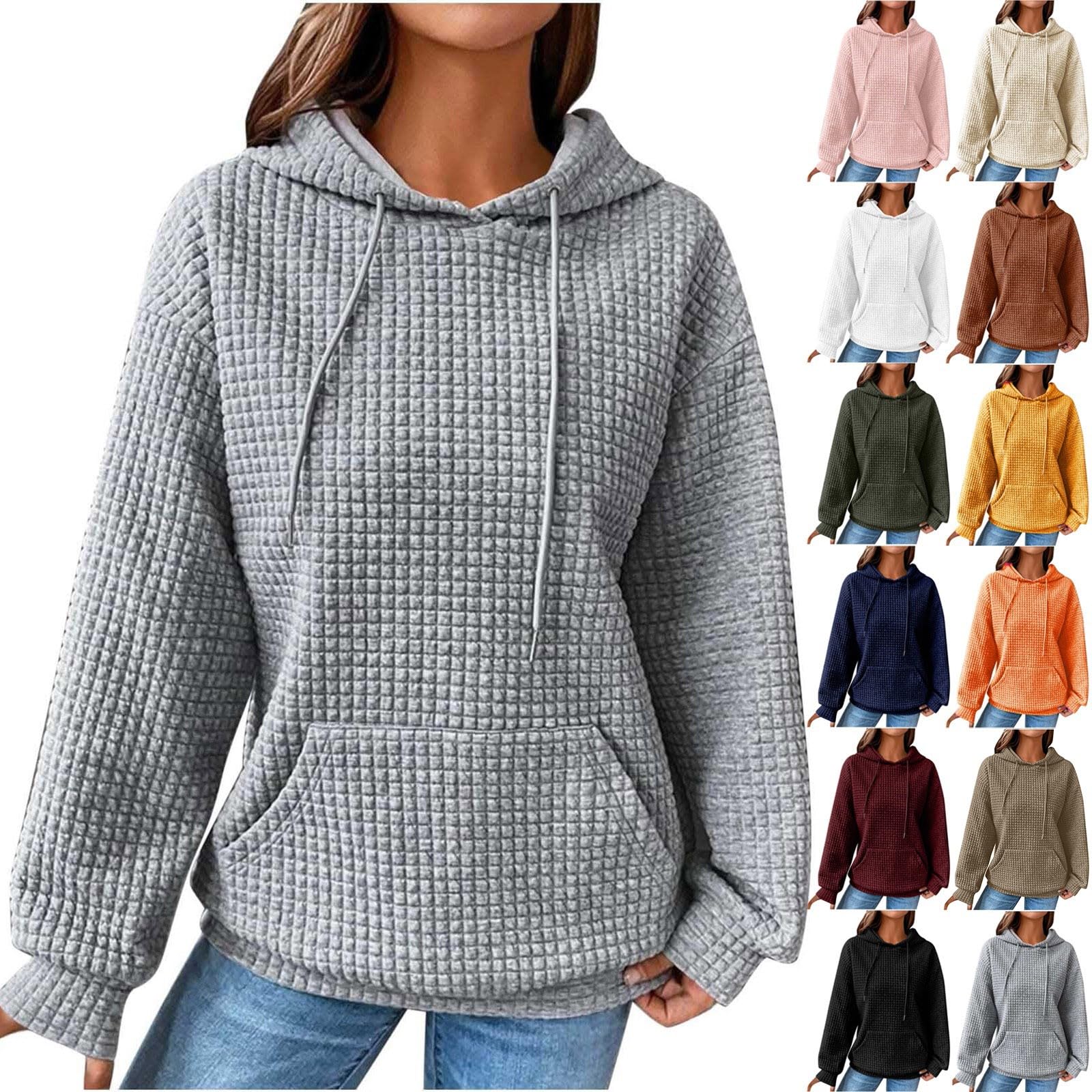 Waffle Hoodies for Women Comfort Long Sleeve Loose Fit Hooded Sweatshirt Casual Cute Sweatshirts with Kangaroo Pocket Womens Hoodies Pullover Fall Sweaters Oversized Sweatshirt for Women Gray