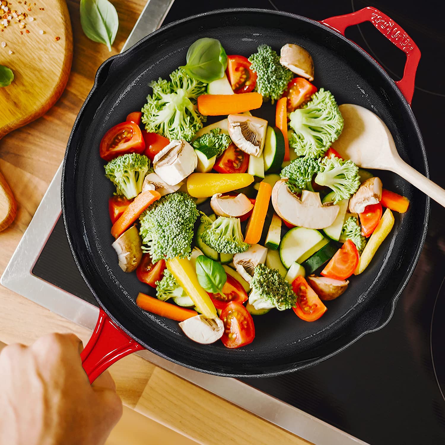 Bruntmor 12-Inch Enameled Cast Iron Skillet - Pre-Seasoned Frying Pan for Cooking, Grilling, and Baking - Smooth Nonstick Cast Iron Pan - Oven Safe and Durable Cookware for Versatile Use - Red