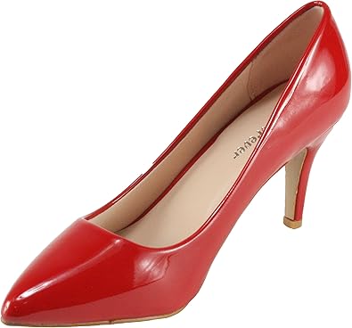 red leather pumps mid heel