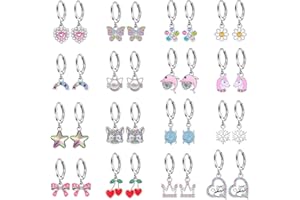 JANNISA 16 Pairs Hypoallergenic Earrings for Little Girls Teens Kids Silver Huggie Hoop Earrings with Charm CZ Flower Butterfly Animal Bow Cute Small Dangle Hoop Earrings Set for Sensitive Ears