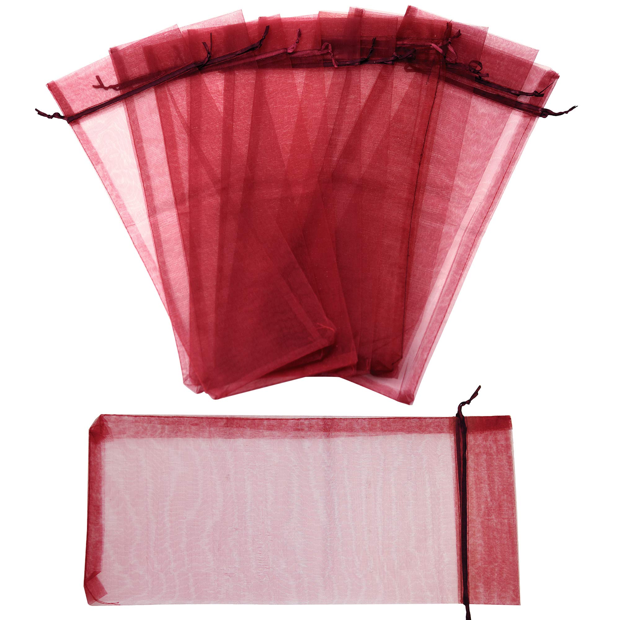 FiveSeasonStuff Organza Bags for Wine Bottles Drawstring Gift Wrapping Reusable Birthday Party Wedding 10 Pouches (14cm x 37cm, Red Wine)