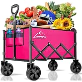 AMNOW 100L Collapsible Wagon Cart with All Terrain Wheels, 350LBS, Rose | Rust-resistant steel frame, 28&times;18&times;12in capacity, only 13 lbs, easy one-hand fold, perfect for garden, camping, beach &amp; trips