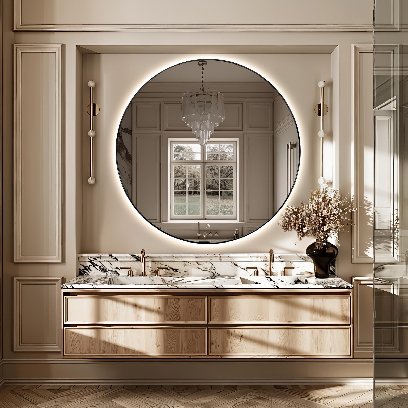 Photo 1 of Niccy 48" LED Backlit Round Mirror for Bathroom, Black Framed Vanity Light Wall Mirror, LED Smart Circle Mirrors with 3 Lighting Colors, Round Lighted Mirror with Anti-Fog, IP65 Waterproof