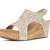 PARTY Women's Wedge Sandals With Buckle Ankle Strap for Dressy Summer, Kally-Gold Glitter-7
