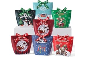 SLShePack 24PCS Christmas Treat Boxes with Ribbons,6 Patterns Gift Bags for Coworkers Decorations Boxes Party Favors Bags（L3.5 x W2.2 x H5.0 inches）
