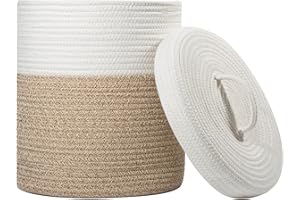 Yimi's Dream Lidded Storage Basket, Medium Cotton Rope Basket with Lid, Small Round Storage Basket for Nursery, Living Room, Kids, Blanket, Toys (12''D * 13.5''H, Brown & White)