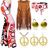 Haull 7 Pcs 60s 70s Disco Hippie Outfits for Women Halloween Costume Set Boho Flared Pants Fringe Vest Peace Sign