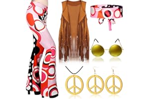 Haull 7 Pcs 60s 70s Disco Hippie Outfits for Women Halloween Costume Set Boho Flared Pants Fringe Vest Peace Sign