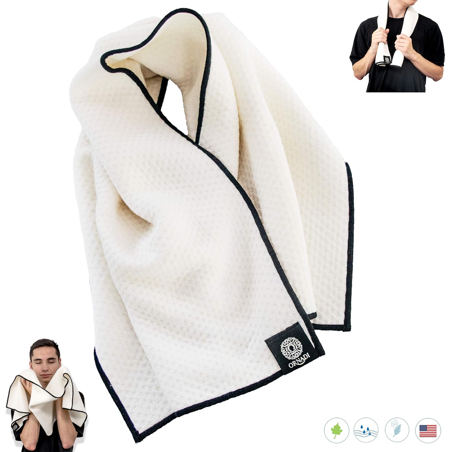 Gym Towel Ultra Soft Extra Absorbent Organic Bamboo Cotton for Men Daily Face Wash Care of Sensitive Skin & Premium Sweat Cloth 15 X 35 Eco Travel Made in USA Natural/Black