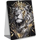 Lion King Canvas Wall Art Man's Cave Poster Prints Crown Lion Pictures Modern Abstract Black Gold Animal Painting Wall Decor for Living Room Men's Bedroom Office 16x24in Framed