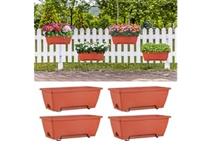 HAITRAL 16.9 Inch Deck Railing Planter Boxes for Plants, Rectangular Hanging Window Boxes Planters with Metal Flower Pots Brackets - 4 Pack Railing Planter Box for Balcony Fences Garden, Red