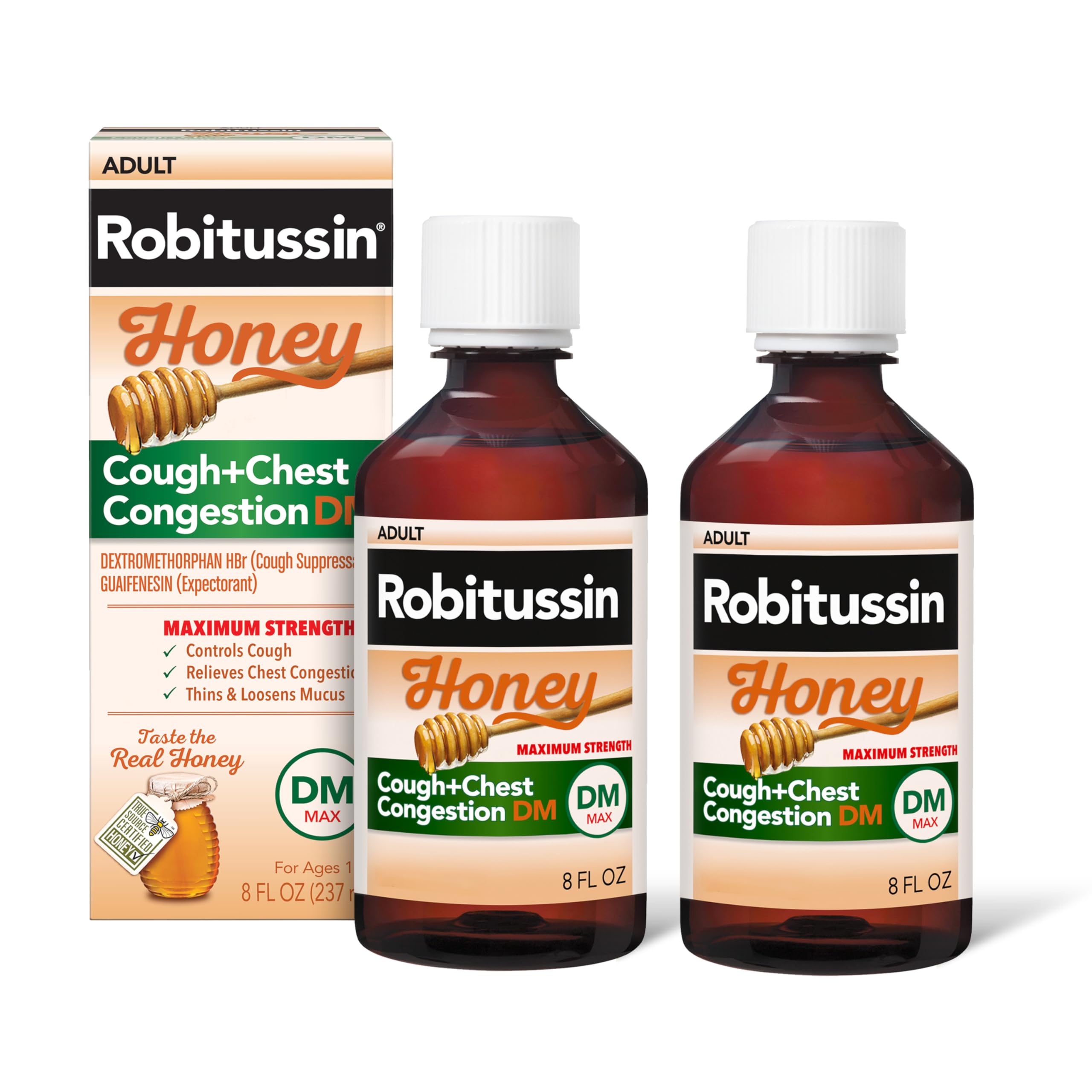 Robitussin Maximum Strength Honey Cough Plus Chest Congestion DM, Cough Medicine for Cough and Chest Congestion Relief Made with Real Honey for Flavor - 8 Fl Oz x 2