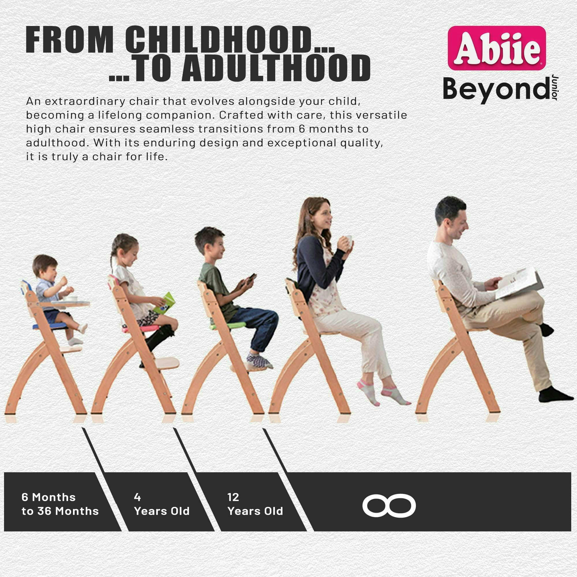 Abiie Beyond Junior Wooden High Chair with Tray - Adjustable and Convertible High Chair for Babies and Toddlers - 6 Months to 250 Lb - Water Resistant - Natural Wood/Black Pearl Cushion