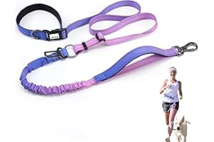 JETOG Heavy Duty Hands Free Dog Leash, 4-6 FT Reflective Adjustable Waist Dog Leash Belt with Padded Handles, Shock Absorbing Bungee and Car Seat Belt for Large Medium Dogs (Purple Blue, L)