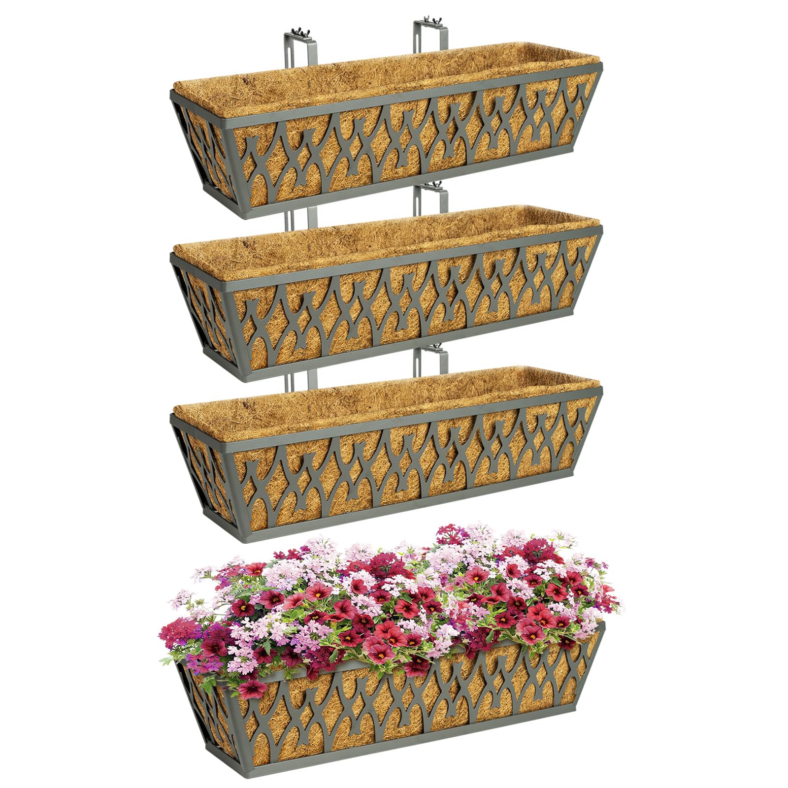 Photo 1 of 4 Pack 24 Inch Window Boxes Planters Railing Planter Box with Adjustable Brackets for Porch Fence Patio Balcony Hanging Flower Baskets with Coco Liners for Outdoor Garden Decor - Grey