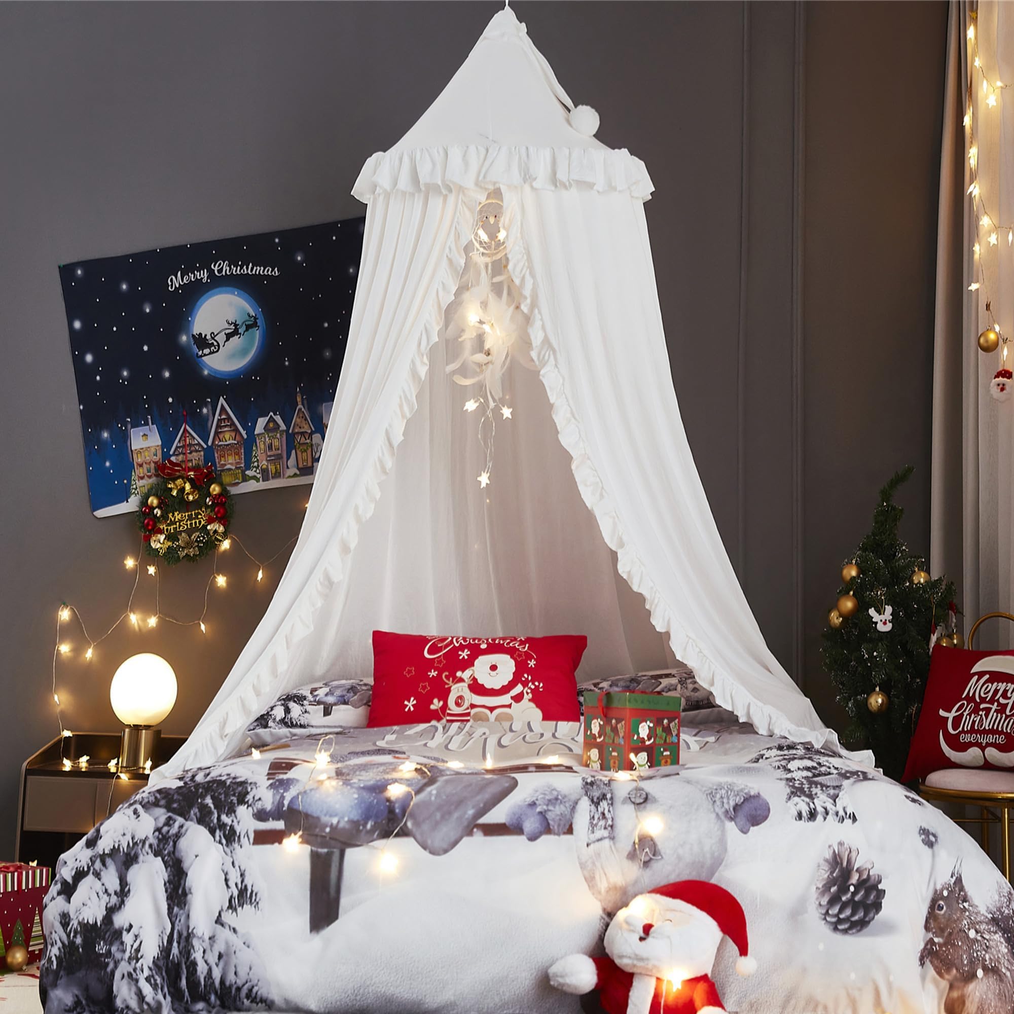 HUOQOU Bed Canopy for Girl Princess Round Dome Children Dreaming Mosquito Net Bed Linen Girls Room Castle Play Tent Hanging House Decor Reading Corner Canopy(White)