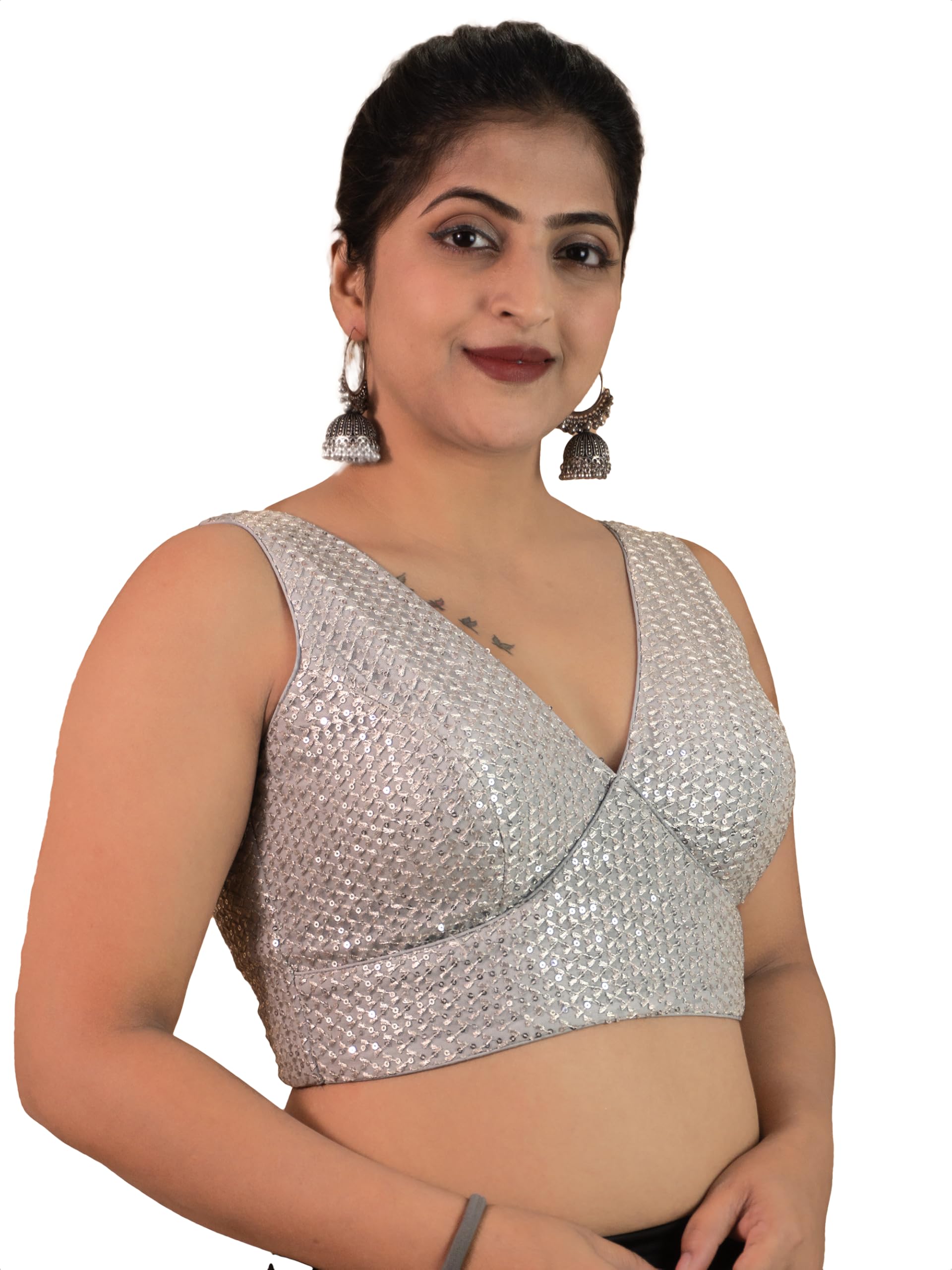 Photo 1 of FIGURE'S DESIGNER Women's Sequin Embroidered Premium Net Fabric Sleeveless V Neck Sabyasachi Cut Readymade Saree Blouse Padded Stitched Lining Festive Gold Silver Black Copper E20 (Silver, 34)