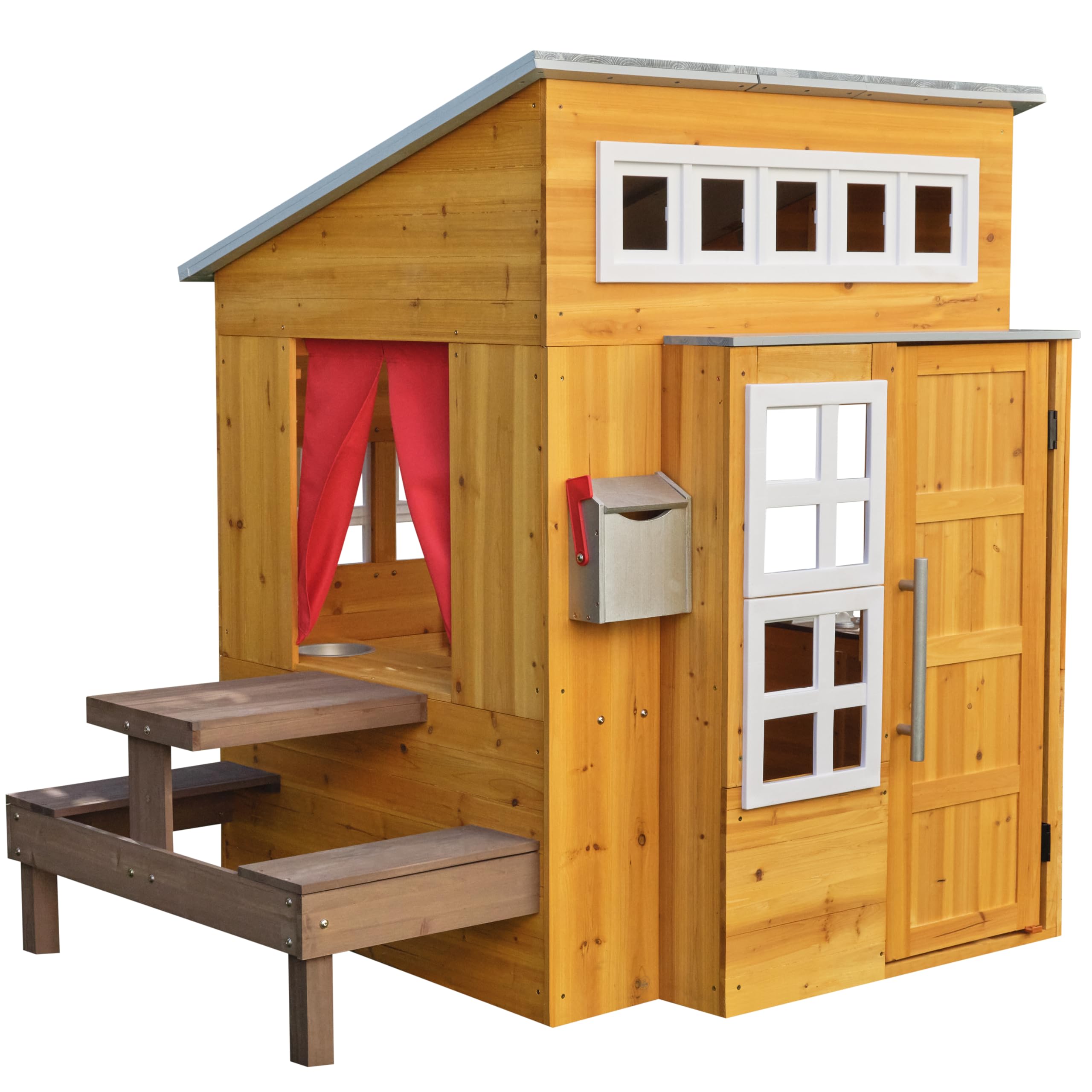 KidKraft Modern Outdoor Wooden Playhouse with Picnic Table, Mailbox and Outdoor Grill ,Gift for Ages 3+