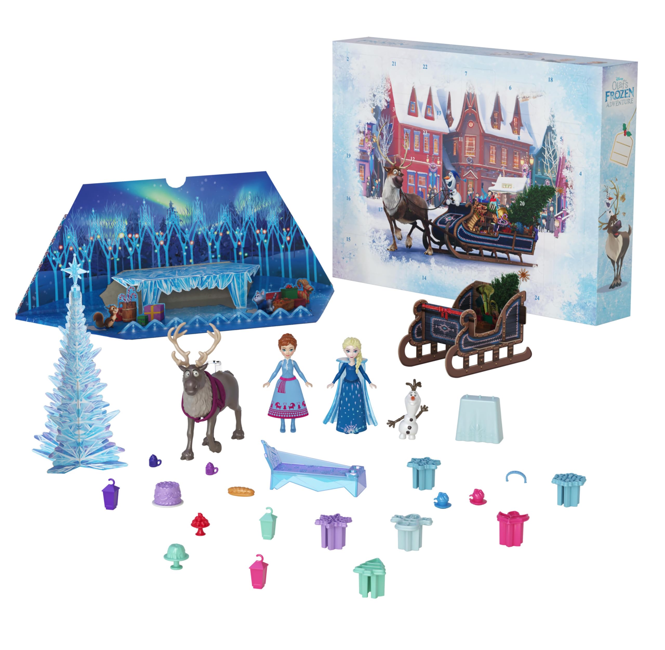 Mattel Disney Frozen Toys, Anna & Elsa Small Doll Advent Calendar with 2 Friend Figures, Moldable Sand & 24 Play Pieces, Inspired by Olaf’s Frozen Adventure, HWX20